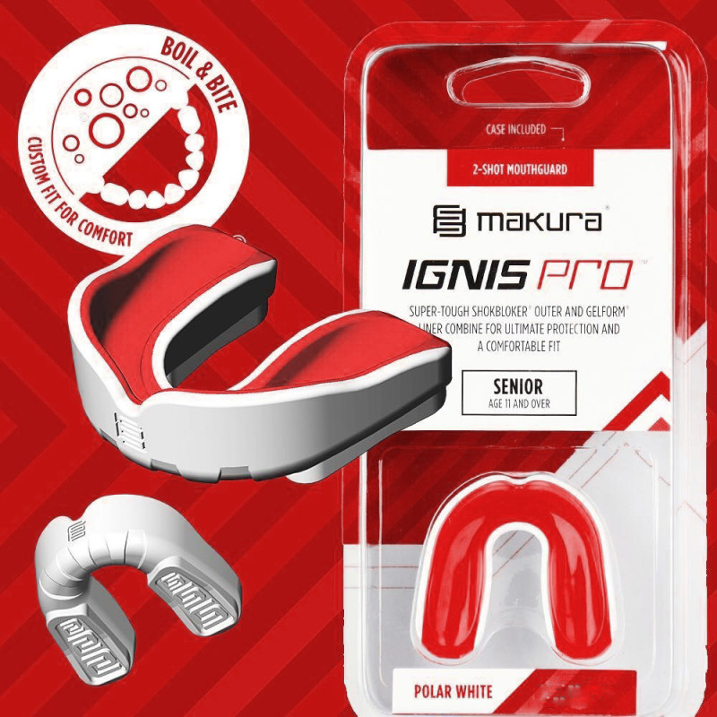 Капа MAKURA Ignis, Взрослая (возраст 11+) White/Red, Посадка: BOIL & BITE™ (формируется в горячей воде), Термопластик, Бело-красный