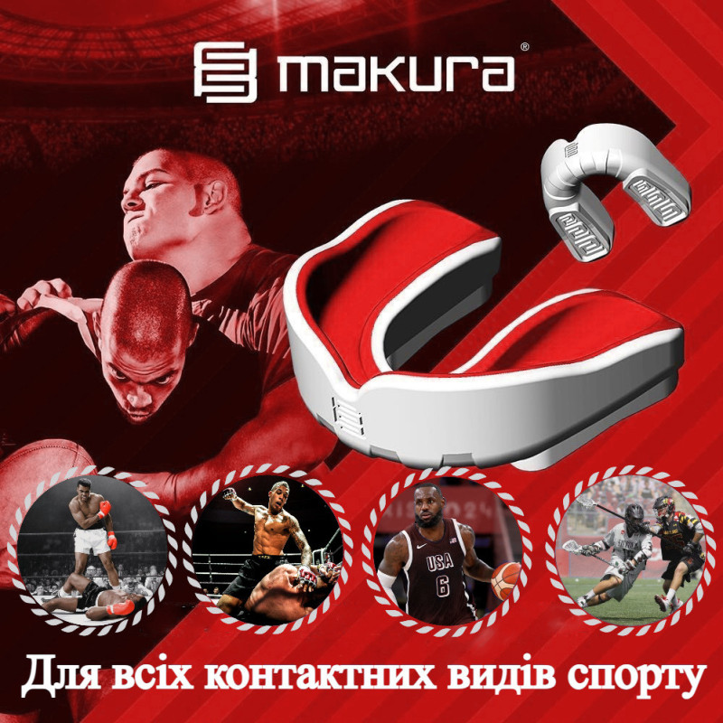 Капа MAKURA Ignis, Взрослая (возраст 11+) White/Red, Посадка: BOIL & BITE™ (формируется в горячей воде), Термопластик, Бело-красный