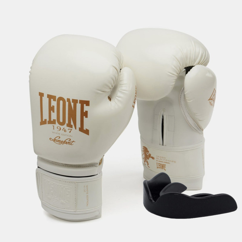 Перчатки для бокса Leone GN059W White/Gold (капа в комплекте), 10 унций, PU, FLEX PU, Белый