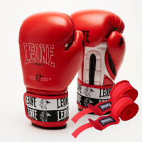 Боксерські рукавиці Leone GN208 ICONIC Red (бинти 4 м. в комплекті), 14 унцій, Натуральна шкіра буйвола, Поліуретан, Червоний