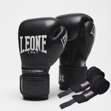 Боксерские перчатки Leone GN111 THE GREATEST Black (бинты 4 м. в комплекте), 18 унций, 100% коровья кожа, Чёрный