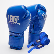 Боксерские перчатки Leone GN111 THE GREATEST Blue (бинты 4 м. в комплекте), 14 унций, 100% коровья кожа, Синий