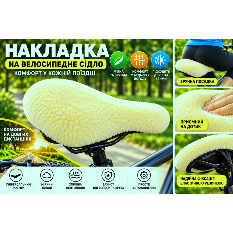 М’яка пухнаста накладка-чохол на велосипедне сідло Walfort 22×27 см, кремово-жовта
