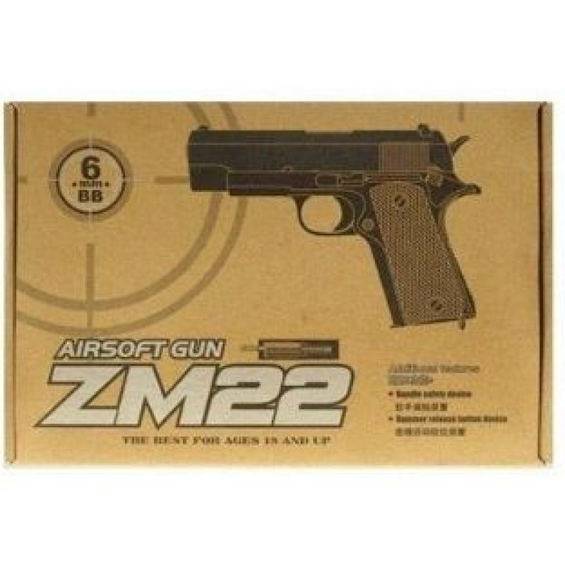 Пістолет ZM 22 металевий, механічний принцип роботи, стріляє пульками (6 мм), в коробці