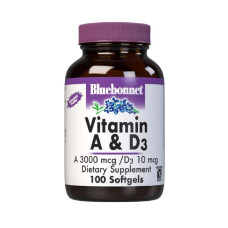 Витамин А и D3 10 000 МЕ / 400 МЕ, Bluebonnet Nutrition, 100 желатиновых капсул