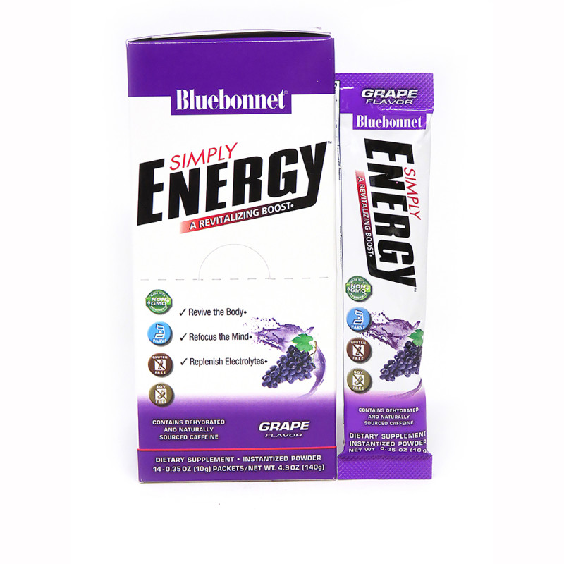 Энергетический напиток в порошке, вкус Винограда, Bluebonnet Nutrition, Simply Energy Grape, 14 пакетиков по 10 г