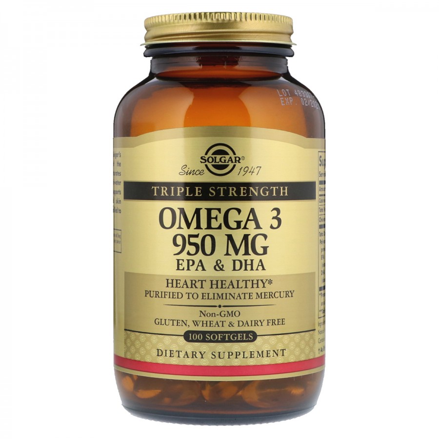 Риб'ячий Жир, Омега 3 (Omega-3 EPA, DHA), 950 мг, Потрійна Сила, Solgar, 100 желатинових капсул