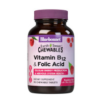 Витамин В12 и Фолиевая кислота, Вкус Малины, Earth Sweet Chewables, Bluebonnet Nutrition, 90 жевательных таблеток