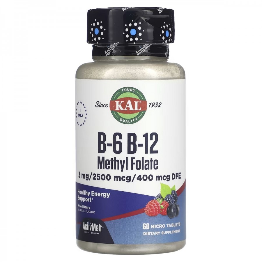 Витамины B6+B12 и метилфолат, вкус ягод, B6 B12 Methyl Folate, KAL, 60 микротаблеток