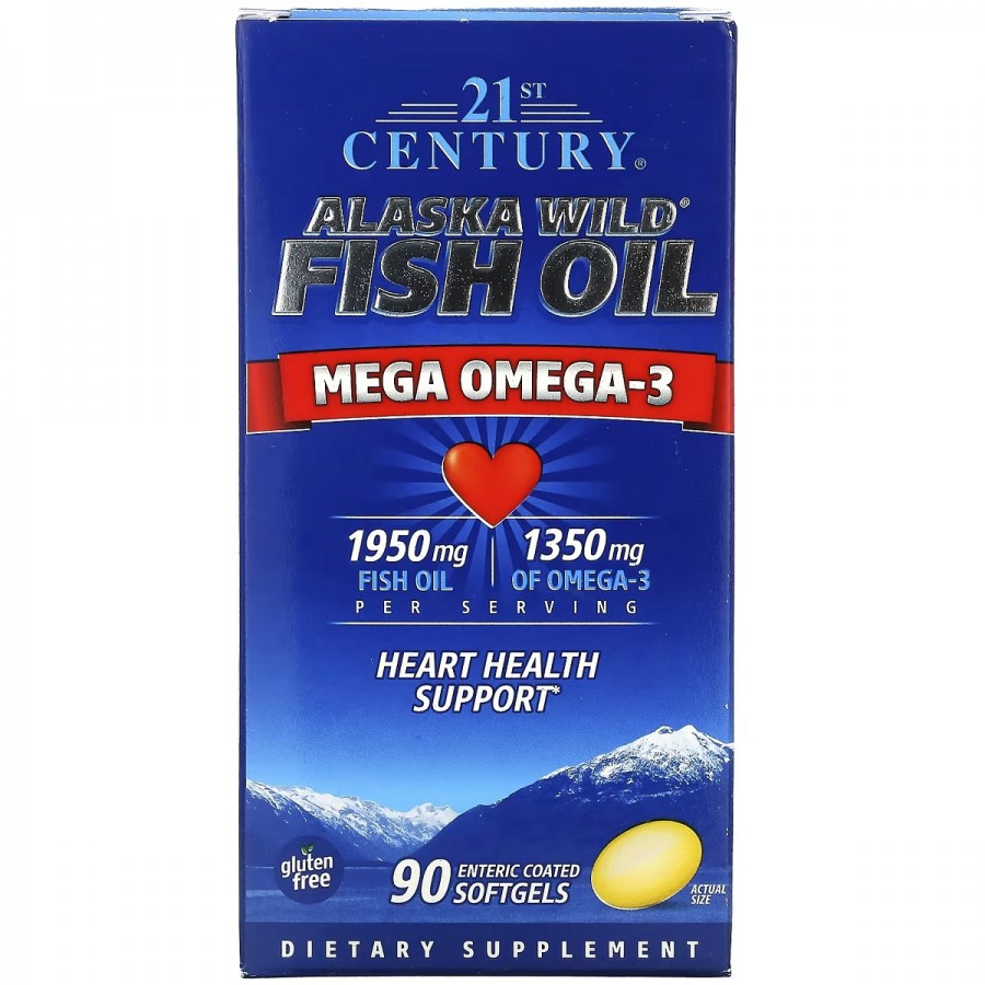 Жир дикої риби Аляски, Риб'ячий жир 1950 мг, Омега 3 1350 мг, Alaska Wild Fish Oil, Mega Omega 3, 21st Century, 90 желатинових капсул