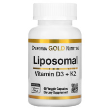 Липосомальный Витамин D3+K2, 1000 МО и 45 мкг, Liposomal Vitamin D3+K2, California Gold Nutrition, 60 вегетарианских капсул