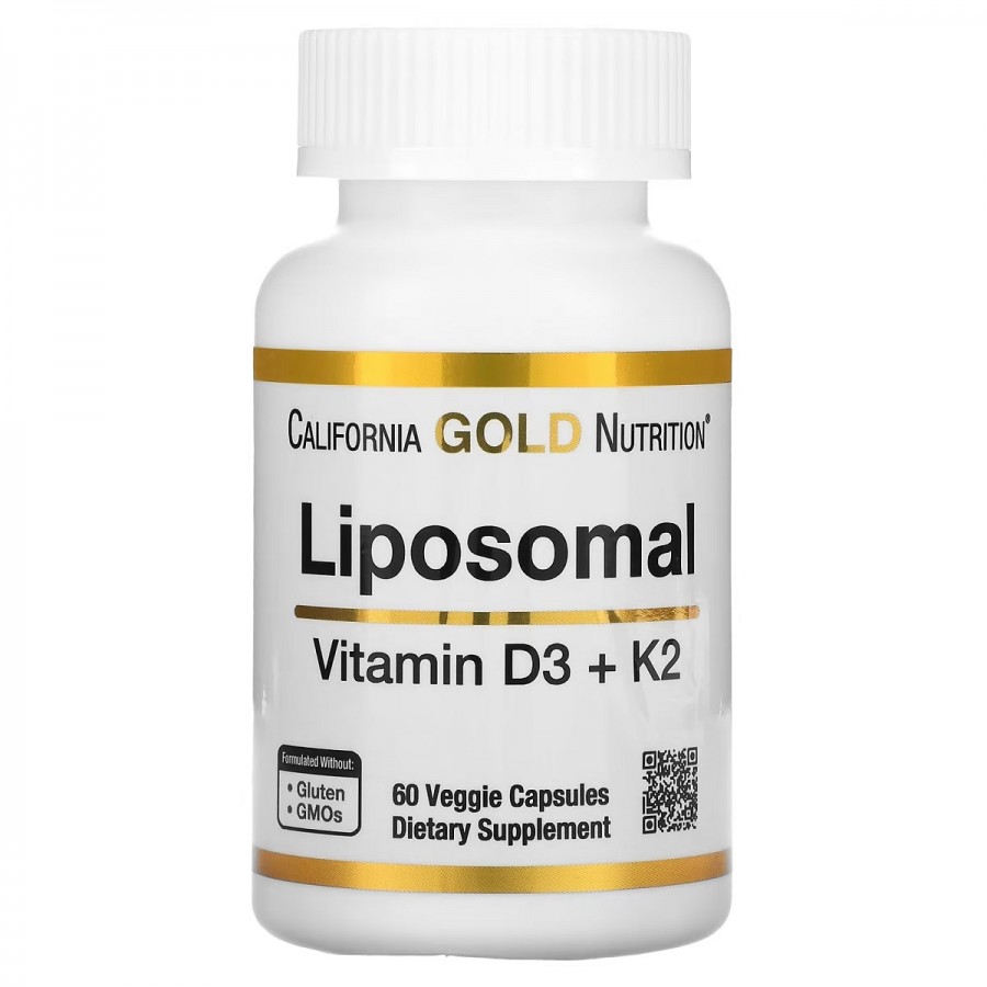 Ліпосомальний Вітамін D3+K2, 1000 МО та 45 мкг, Liposomal Vitamin D3+K2, California Gold Nutrition, 60 вегетаріанських капсул