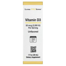 Вітамін D3 у краплях, 50 мкг (2000 МО), без смаку, Vitamin D3, California Gold Nutrition, 30 мл