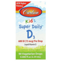 Витамин D3 для детей в каплях, 600 МЕ, Kid's Super Daily D3, Carlson, 2.54 мл