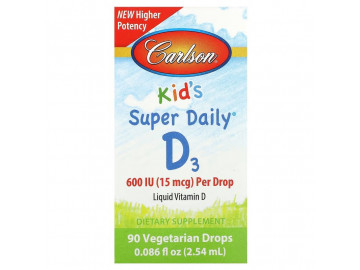 Вітамін D3 для Дітей у Краплях, 600 МО, Kid's Super Daily D3, Carlson, 2.54 мл