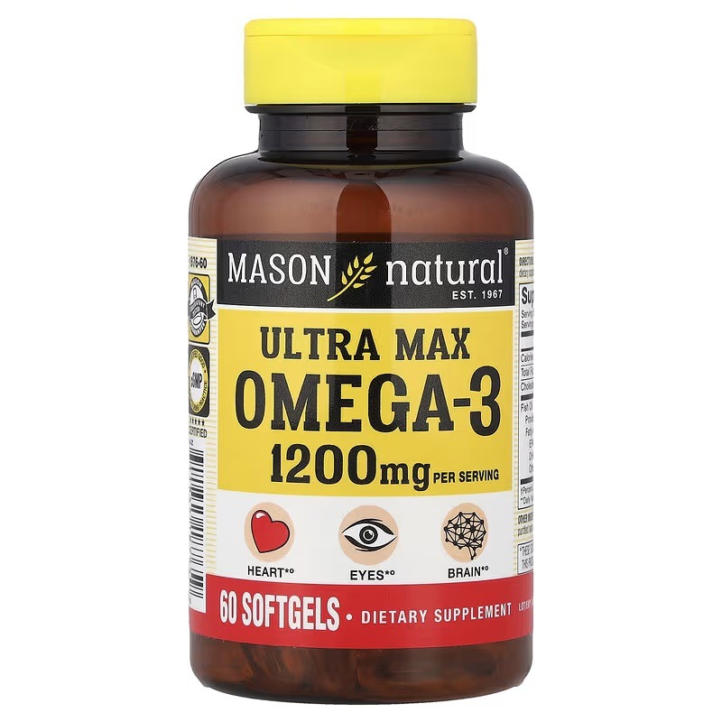 Омега-3, 1200 мг, Ultra Max Omega-3, Mason Natural, 60 гелевих капсул