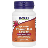 Витамин D3, 5000 МО, высокой эффективности, Vitamin D-3, High Potency, Now Foods, 30 гелевых капсул