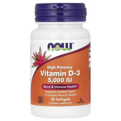Витамин D3, 5000 МО, высокой эффективности, Vitamin D-3, High Potency, Now Foods, 30 гелевых капсул
