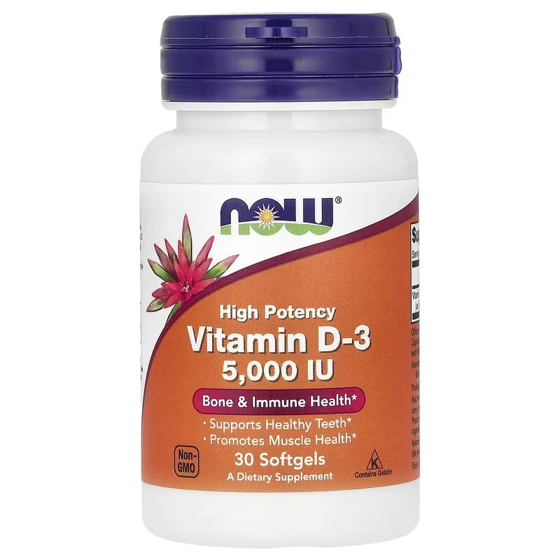 Витамин D3, 5000 МО, высокой эффективности, Vitamin D-3, High Potency, Now Foods, 30 гелевых капсул