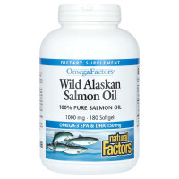 Жир дикого аляскинского лосося, 1000 мг, OmegaFactors, Wild Alaskan Salmon Oil, Natural Factors, 180 гелевых капсул