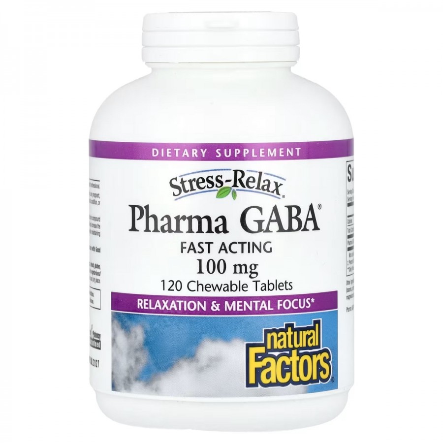 GABA (Гамма-Аминомасляная Кислота), 100 мг, Stress Relax, Pharma GABA, Natural Factors, 120 жевательных таблеток