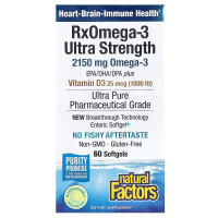 Омега-3 ультра с витамином D3, 2150 мг, RxOmega-3 Ultra Strength с витамином D3, Natural Factors, 60 гелевых капсул