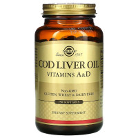 Масло печени трески с витаминами A и D, Cod Liver Oil & Vitamins A & D, Solgar, 250 желатиновых капсул