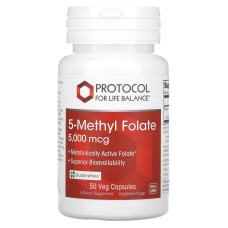 5-метил-Фолат, 5-Methyl Folate, Protocol for Life Balance, 5000 мкг, 50 растительных капсул