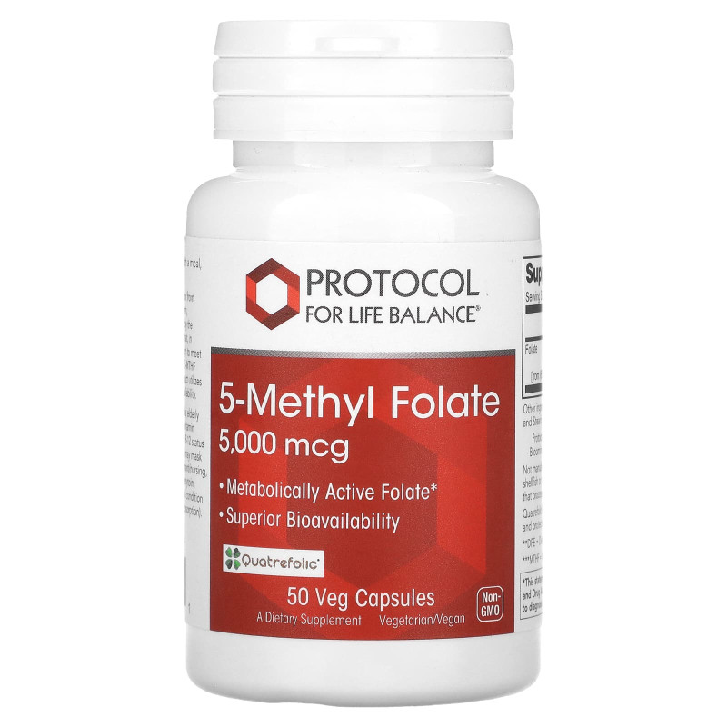 5-метил-Фолат, 5-Methyl Folate, Protocol for Life Balance, 5000 мкг, 50 растительных капсул