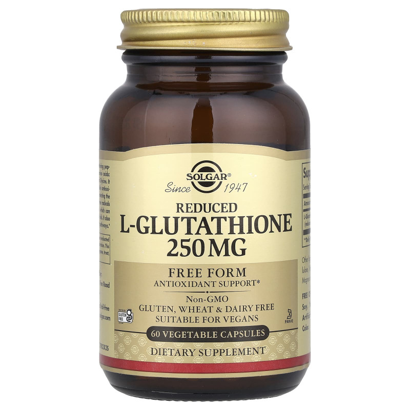 Глутатіон, L-Glutathione, Solgar, знижений, 250 мг, 60 рослинних капсул