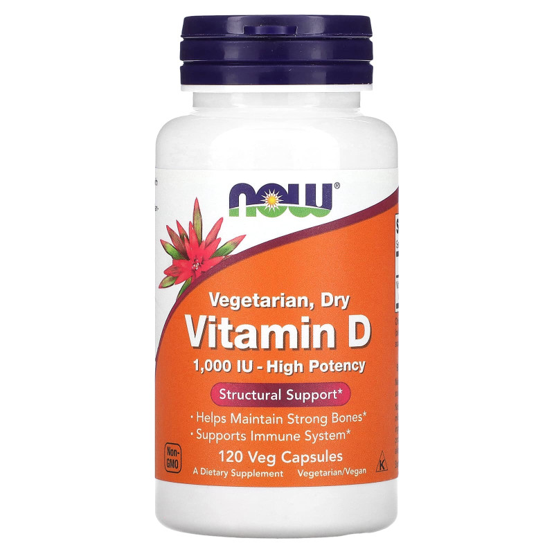 Витамин D2, Vitamin D, NOW Foods, сухой, 1000 МЕ (25 мкг), 120 вегетарианских капсул