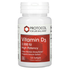 Витамин D3, Vitamin D3, Protocol for Life Balance, высокая эффективность, 2000 МЕ, 120 гелевых капсул