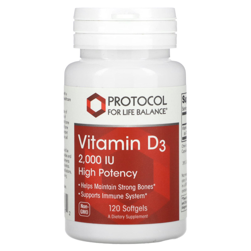 Витамин D3, Vitamin D3, Protocol for Life Balance, высокая эффективность, 2000 МЕ, 120 гелевых капсул