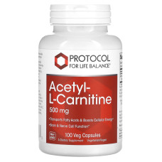 Ацетил-L-карнитин, Acetyl-L-Carnitine, Protocol for Life Balance, 500 мг, 100 веганских капсул