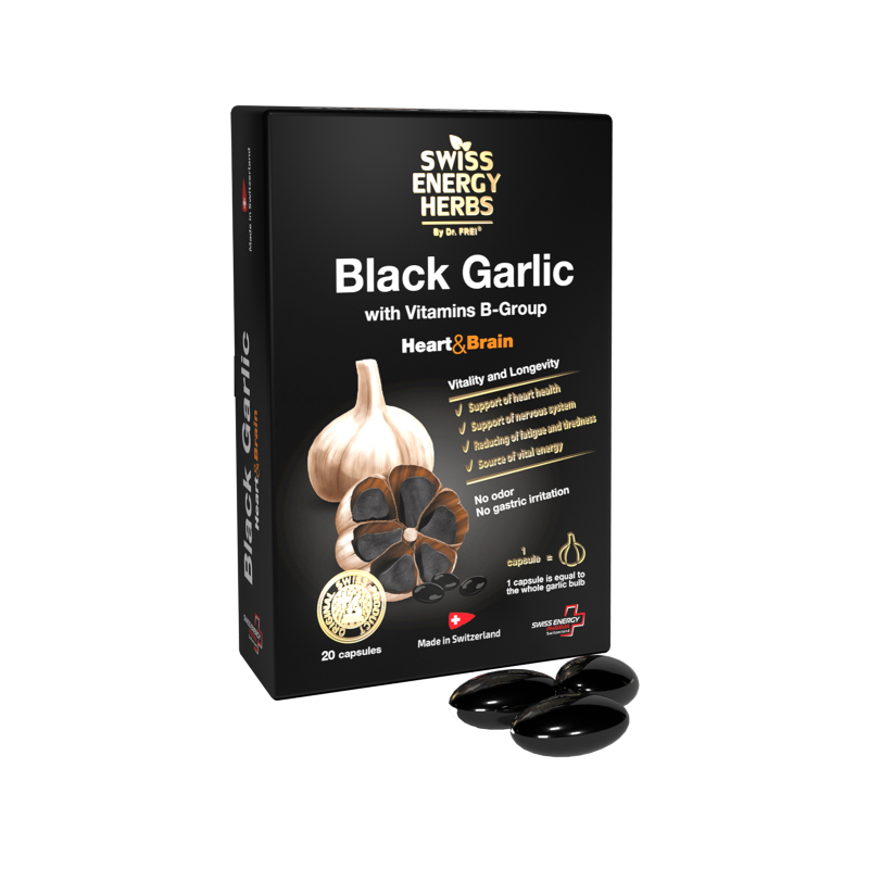 Черный чеснок, Herbs BLACK GARLIC with Vitamins B-Group, Swiss Energy, с витаминами группы В, 20 капсул