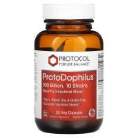 Пробиотики дофилус, ProtoDophilus, Protocol for Life Balance, 100 млрд КОЕ, 10 штаммов, 30 веганских капсул