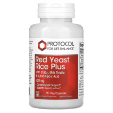 Красный дрожжевой рис, комплекс, Red Yeast Rice Plus with CoQ10, Milk Thistle & Alpha-Lipoic Acid, Protocol for Life Balance, поддержка печени, сердца и сосудов, 600 мг, 90 веганских капсул PRT-13321