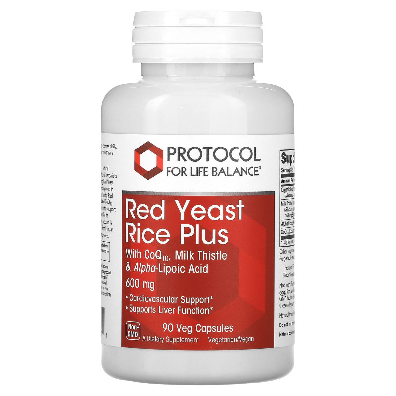 Красный дрожжевой рис, комплекс, Red Yeast Rice Plus with CoQ10, Milk Thistle & Alpha-Lipoic Acid, Protocol for Life Balance, поддержка печени, сердца и сосудов, 600 мг, 90 веганских капсул PRT-13321