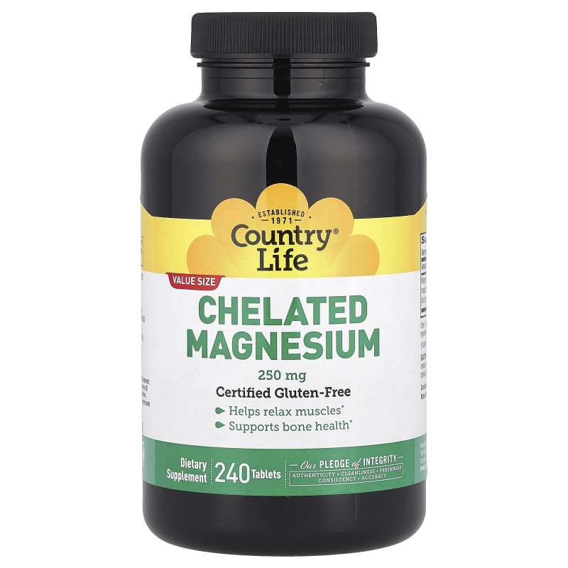 Магній хелат, Chelated Magnesium, Country Life, 250 мг, 240 таблеток