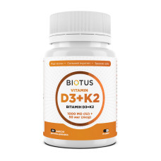 Вітамін D3+К2, Vitamin D3+K2, Biotus, 1000 МО/50 мкг, 60 капсул