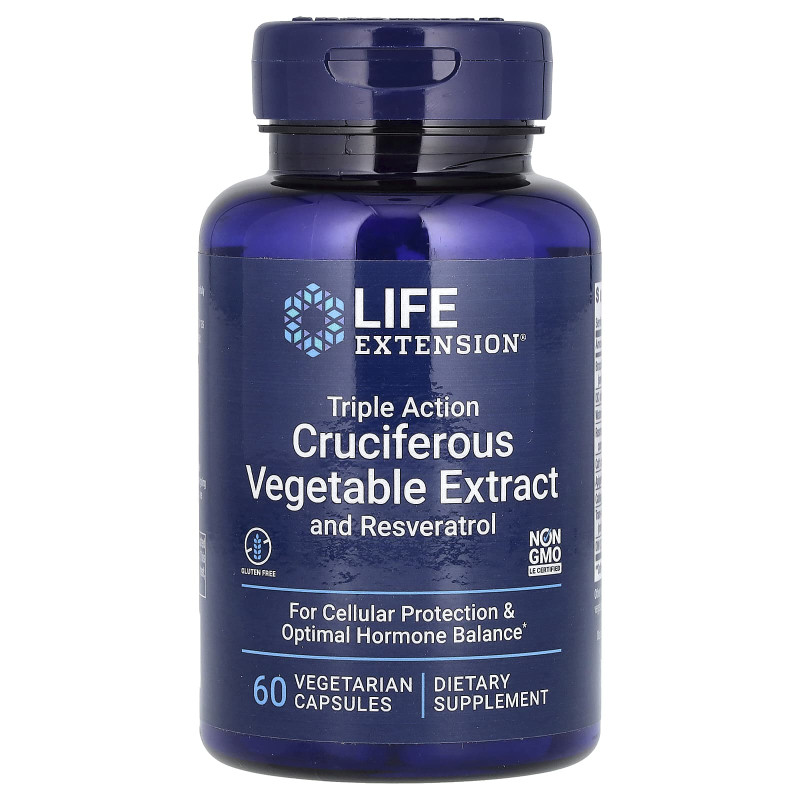 Экстракт крестоцветных овощей с ресвератролом, Triple Action Cruciferous Vegetable Extract with Resveratrol, Life Extension, 60 капсул