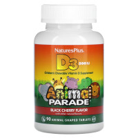 Витамин D-3, Vitamin D3, Nature's Plus, Animal Parade, вкус черной вишни, 12,5 мкг (500 МЕ), 90 жевательных таблеток в форме животных