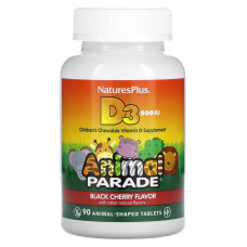 Вітамін D-3, Vitamin D3, Nature's Plus, Animal Parade, смак чорної вишні, 12,5 мкг (500 МО), 90 жувальних таблеток у формі тварин