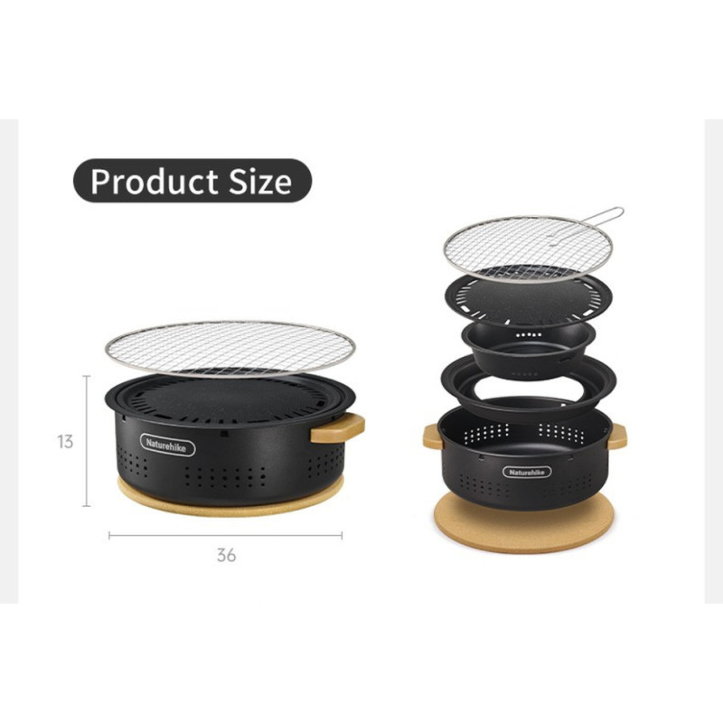 Настільна кругла піч із решіткою гриль та сковорідкою Naturehike CNK2550CF010, 36*32.6*12 см, хромоване залізо
