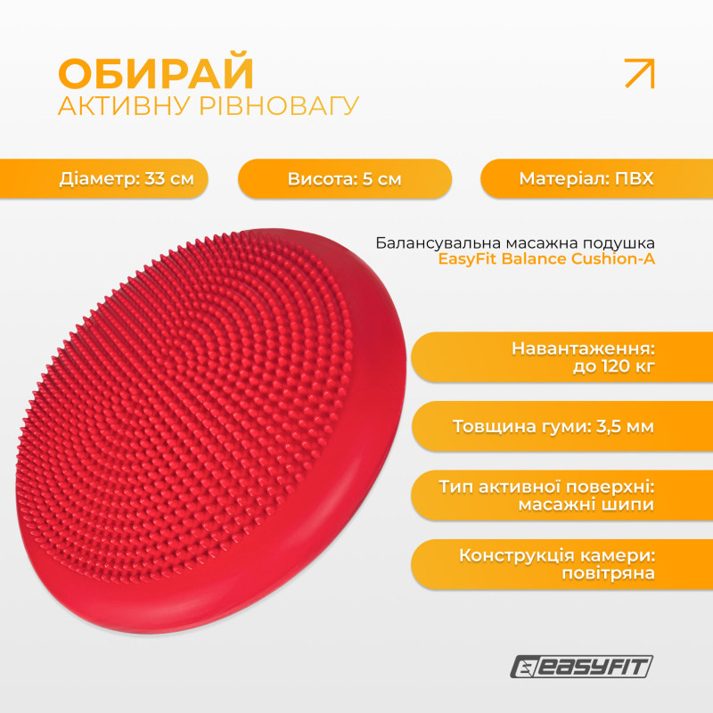 Балансувальна масажна подушка EasyFit, Діаметр 33 см, Максимальне навантаження 120 кг, Гума, Червоний