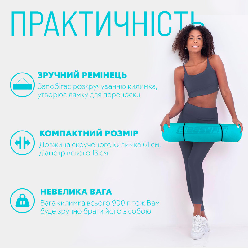 Двухслойный коврик EasyFit для пилатеса, фитнеса и йоги, 183x61 см, толщина 6 мм, TPE/TC, ECO-Friendly, мятно-черный