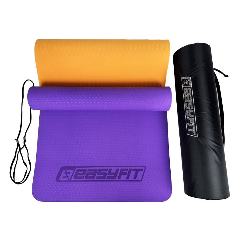 Двошаровий килимок EasyFit для пілатесу, фітнесу та йоги з чохлом, 183x61 см, товщина 6 мм, TPE/TC, ECO-Friendly, фіолетово-помаранчевий