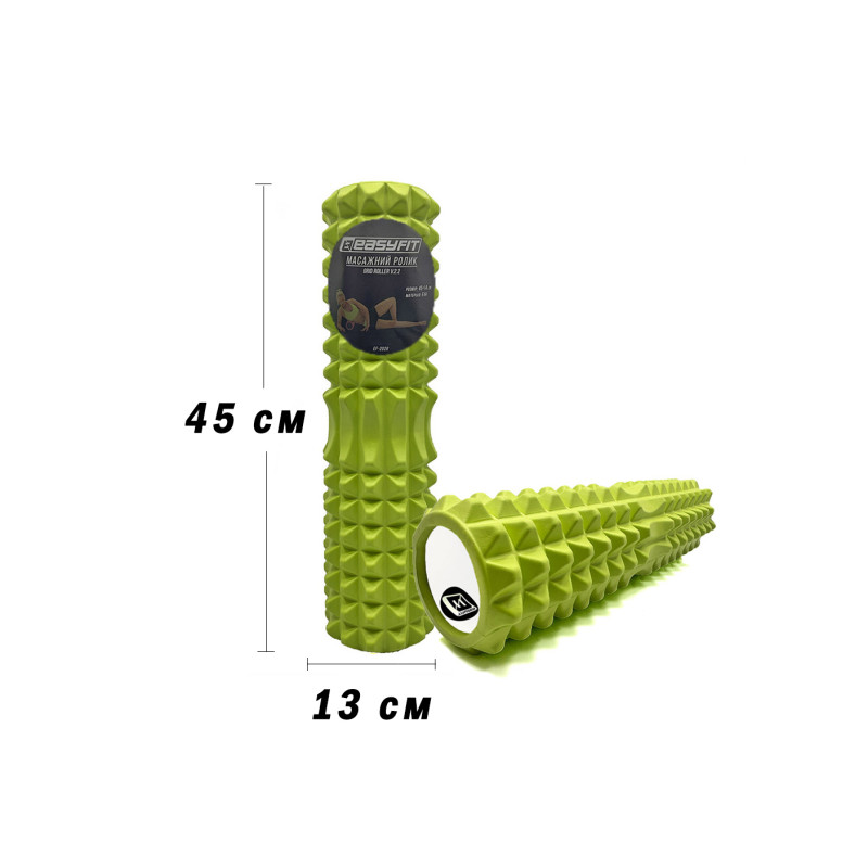 Масажний ролик (валик) EasyFit Grid Roller v.2.2, Довжина 45 см, Діаметр 13 см, Каркас із високоміцного пластику, Піна EVA з масажною поверхнею 3D, для МФР, фітнесу, йоги та реабілітації, Салатовий