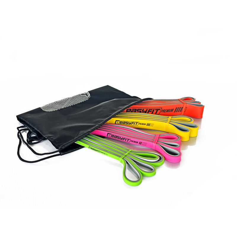 Двухслойные резинки (эспандеры) EasyFit Premium, набор 4 шт, сопротивление 2-45 кг, длина 200 см, ширина: 0,64 см, 1,3 см, 2,2 см, 3,2 см, толщина 4,5 мм, латексная резина, зеленый, розовый, желтый, оранжевый, для подтягиваний и реабилитации