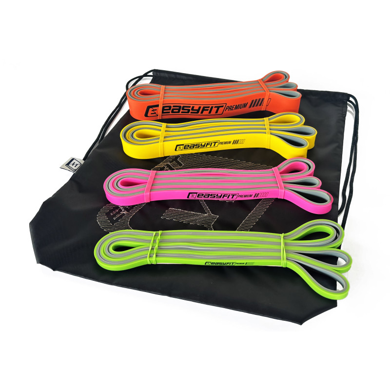 Двухслойные резинки (эспандеры) EasyFit Premium, набор 4 шт, сопротивление 2-45 кг, длина 200 см, ширина: 0,64 см, 1,3 см, 2,2 см, 3,2 см, толщина 4,5 мм, латексная резина, зеленый, розовый, желтый, оранжевый, для подтягиваний и реабилитации